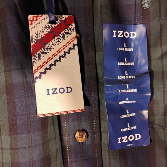 IZOD shirt mens L Large green blue plaid heritage tartan sport FLEX stretch - Picture 3 of 11